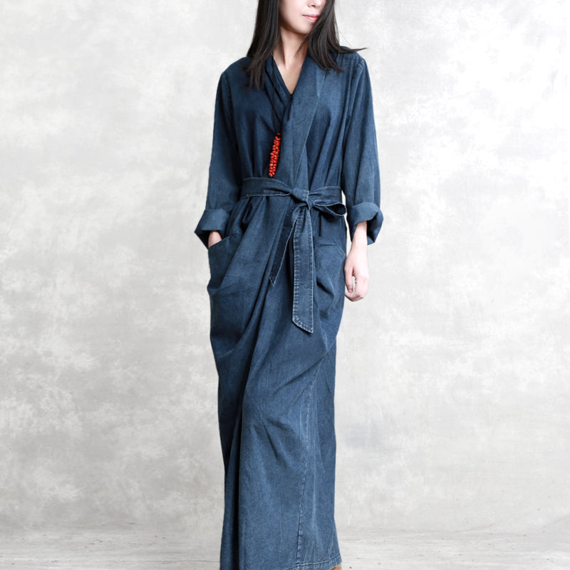 Fine Denim Blue Fall Dress V Neck Tie Waist Traveling Dress Long Sleeve Back Side Open Long Dresses