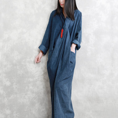 Fine Denim Blue Fall Dress V Neck Tie Waist Traveling Dress Long Sleeve Back Side Open Long Dresses