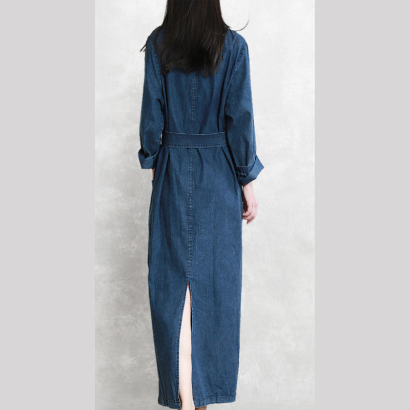 Fine Denim Blue Fall Dress V Neck Tie Waist Traveling Dress Long Sleeve Back Side Open Long Dresses