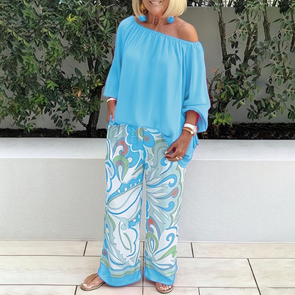 CD | Bluză fără umeri și pantaloni cu imprimeu elegant pentru femei
