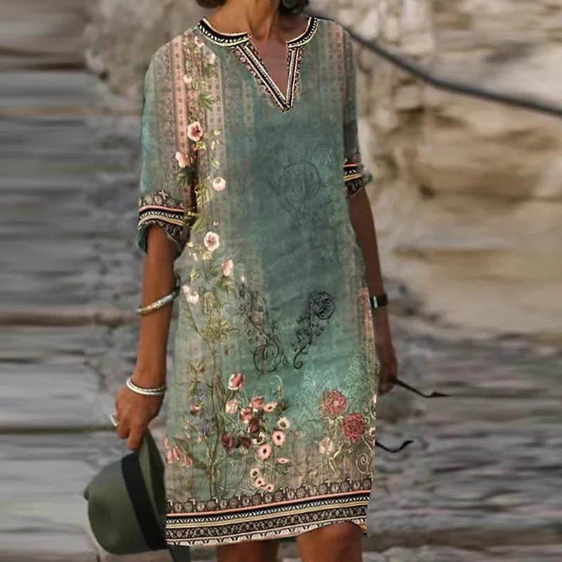 CD | Rochie midi verde cu decolteu în V și model floral