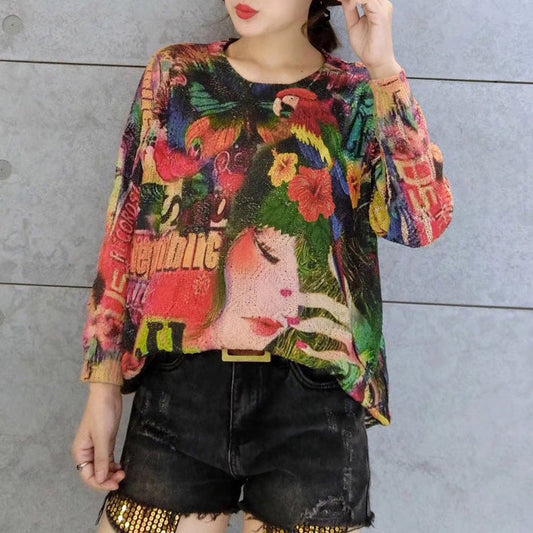 Belle Print Cotton Sweater T Shirt Oversize O Neck Knit Tops Warm Winter