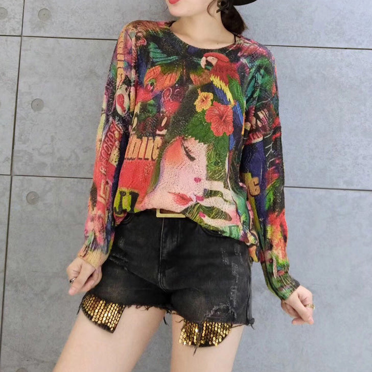 Belle Print Cotton Sweater T Shirt Oversize O Neck Knit Tops Warm Winter