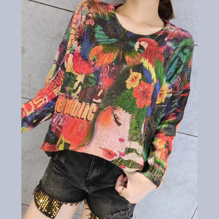 Belle Print Cotton Sweater T Shirt Oversize O Neck Knit Tops Warm Winter