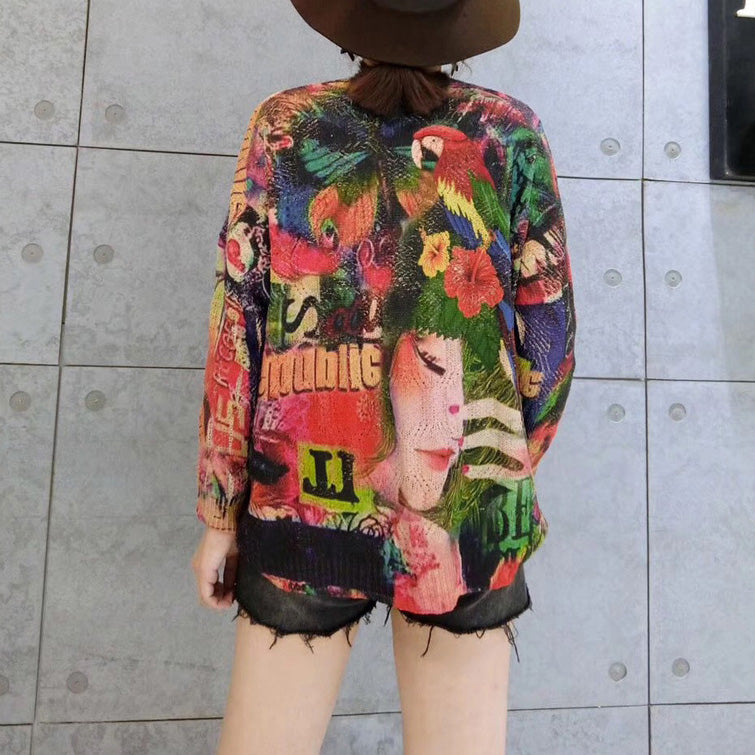 Belle Print Cotton Sweater T Shirt Oversize O Neck Knit Tops Warm Winter