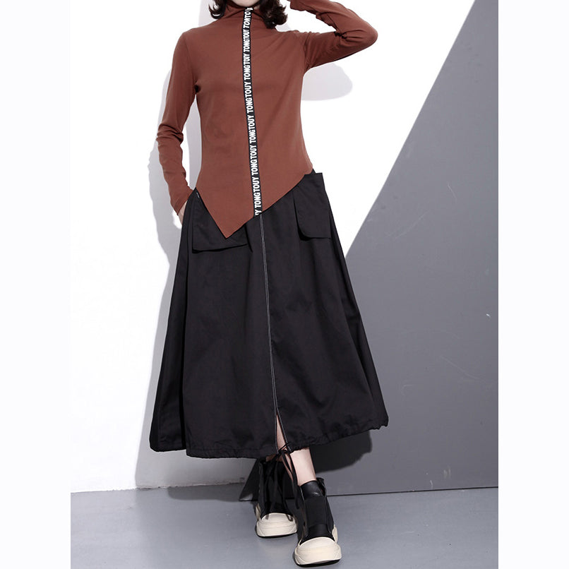 Black Cotton Oversize a Line Skirts Fine Pockets Drawstring Skir
