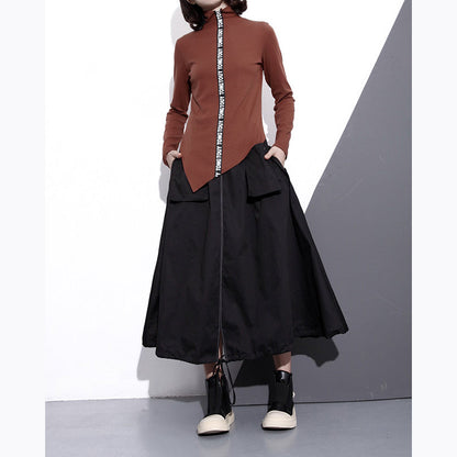 Black Cotton Oversize a Line Skirts Fine Pockets Drawstring Skir