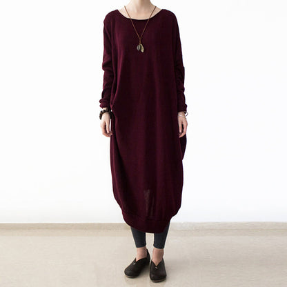 Burgundy Knit Dresses Fall O Neck Pullover Low High Design Long Knit Sweaters
