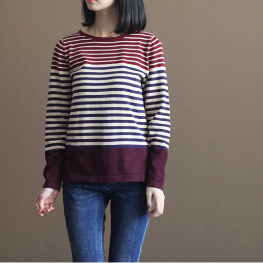 Burgundy Striped Patchwork Cotton Knit Tops Elastic Sweater