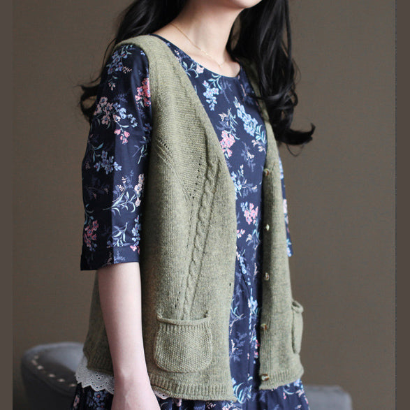 Light Army Green Sweater Knit Sweat Tops Fine V Neck Shirt Sleeveless Cardigan