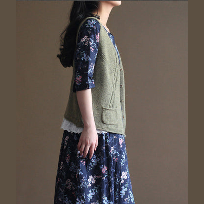 Light Army Green Sweater Knit Sweat Tops Fine V Neck Shirt Sleeveless Cardigan