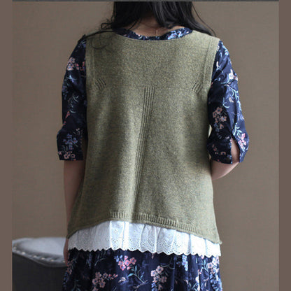 Light Army Green Sweater Knit Sweat Tops Fine V Neck Shirt Sleeveless Cardigan