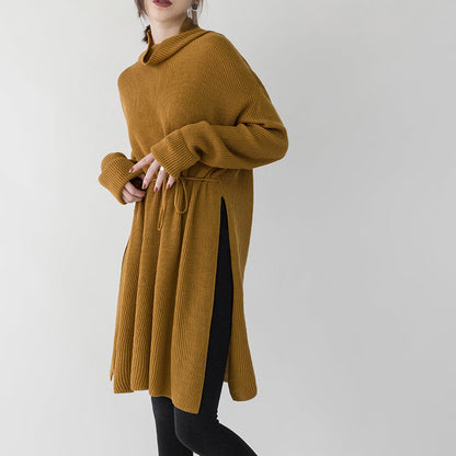 Yellow Sweater Dresses Loose Fitting High Neck Side Open Long Knit Sweaters Tie Waist Winter Dress