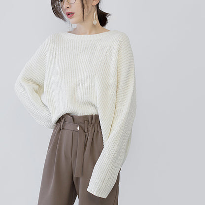 Warm Beige Knit Sweaters O Neck Baggy Batwing Sleeve Fall Blouse