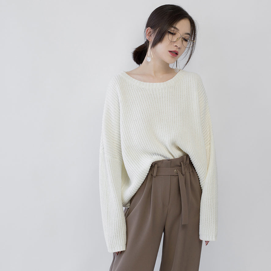 Warm Beige Knit Sweaters O Neck Baggy Batwing Sleeve Fall Blouse