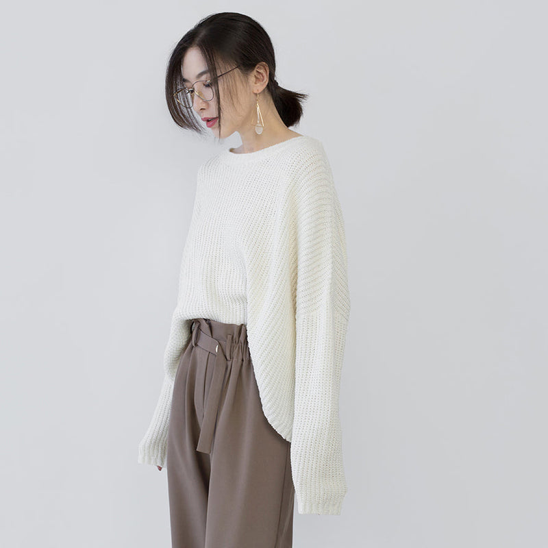 Warm Beige Knit Sweaters O Neck Baggy Batwing Sleeve Fall Blouse