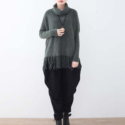 Warm Dark Gray Knit Sweaters Batwing Sleeve Knit Sweat Tops Boutique Tassel Winter Shirt