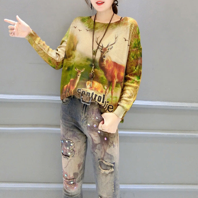 Winter Animal Print Stylish Sweater Oversize Batwing Sleeve Knit Tops