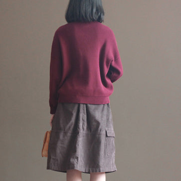 Winter Burgundy Lace Collar Cotton Sweater Loose Warm Knit Tops
