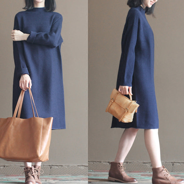 Winter Dark Blue Brief Cotton Blended Sweater Dresses Knit Dress