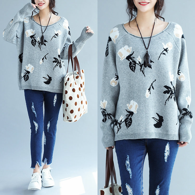 Winter Gray Prints Rabbit Fur Sweater Pullover Oversize Long Sleeve Knit Tops
