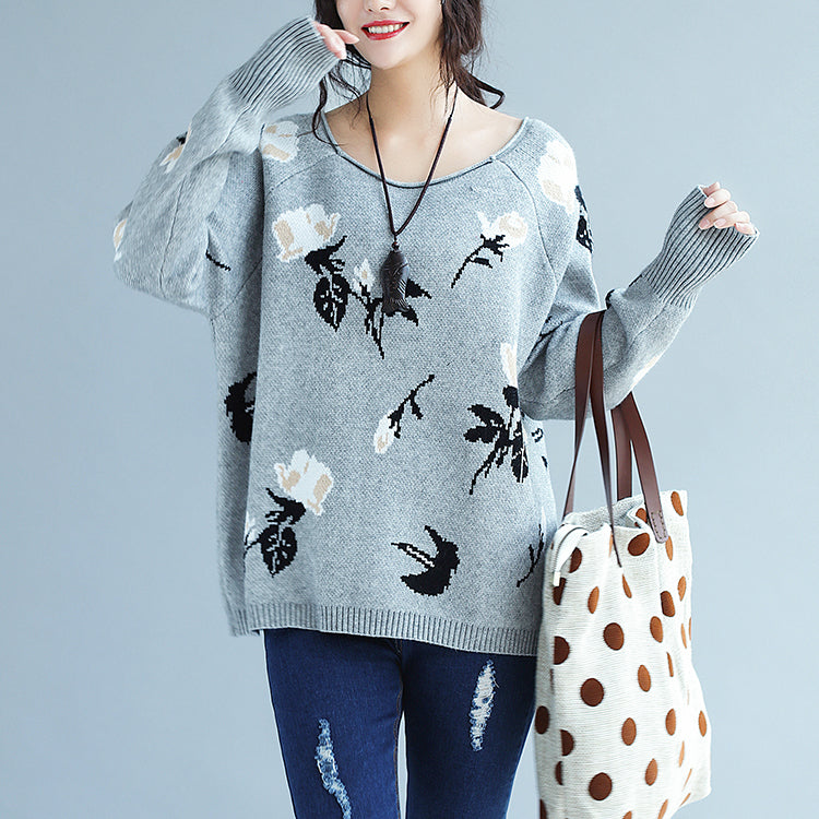 Winter Gray Prints Rabbit Fur Sweater Pullover Oversize Long Sleeve Knit Tops