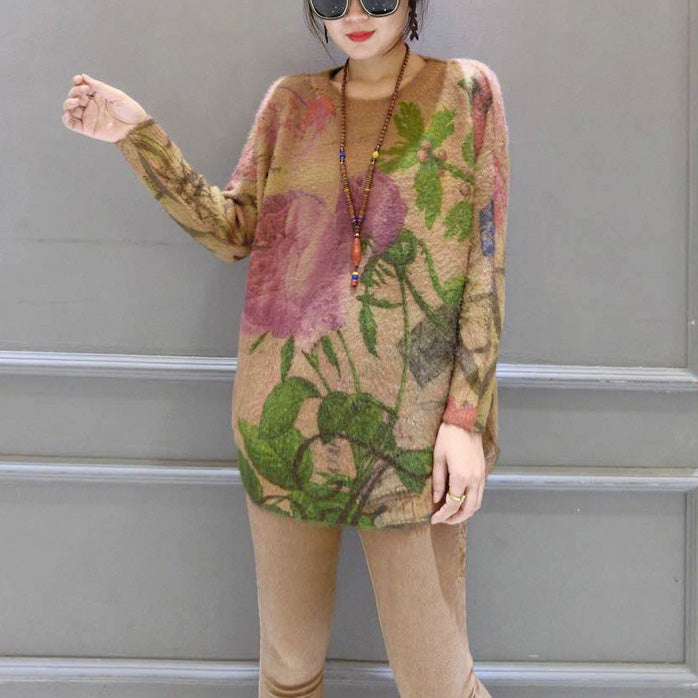 Winter Thick Prints Cotton Sweater Pullover O Neck Knit Top