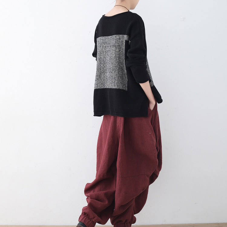 Black Knit Sweaters Fall Patchwork Sweaters New O Neck Fall Blouse