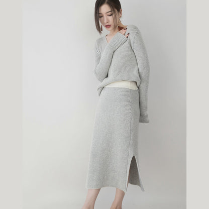 Gray Knit Sweaters Clothing V Neck Knitted Blouses Side Open Skirt Two Pieces
