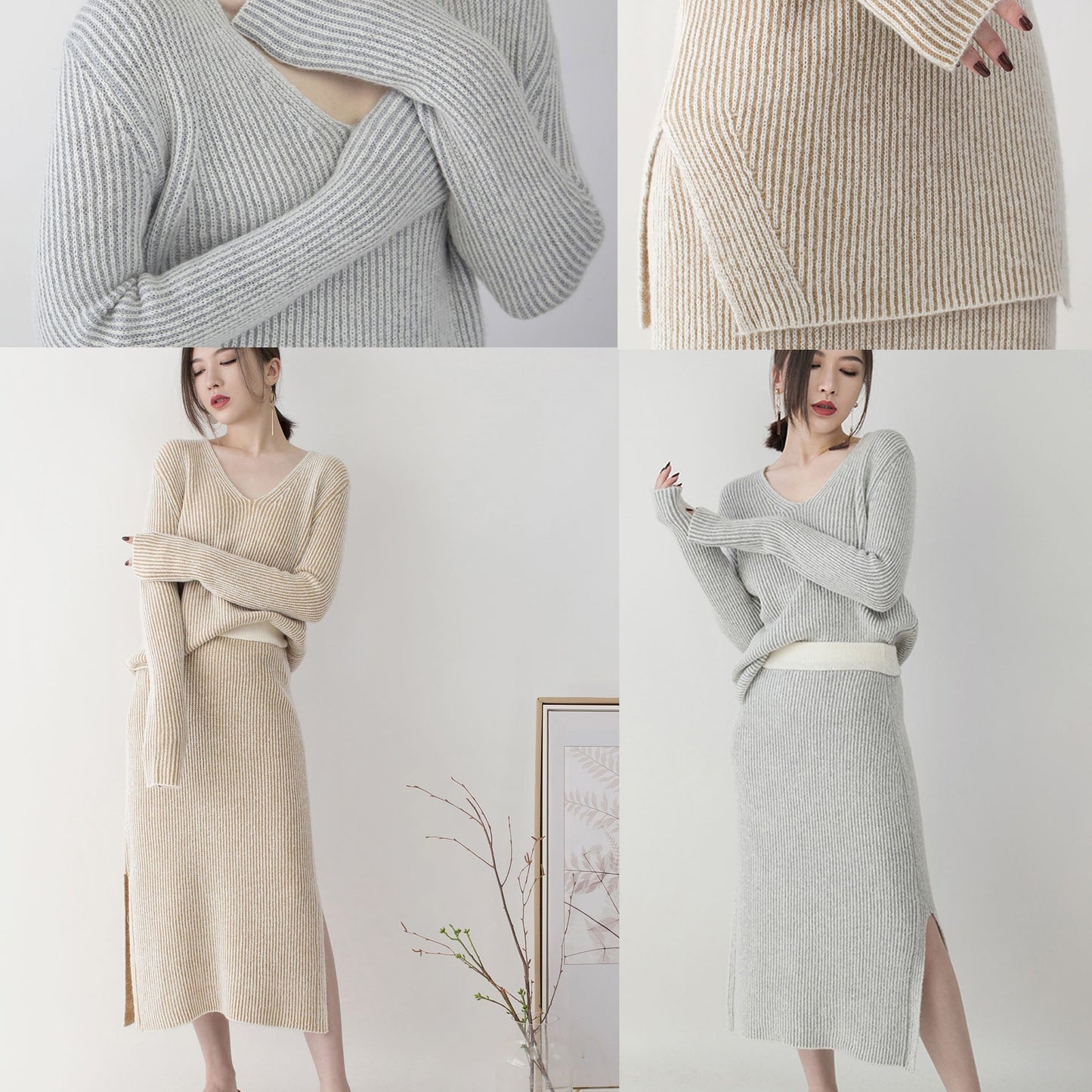 Gray Knit Sweaters Clothing V Neck Knitted Blouses Side Open Skirt Two Pieces
