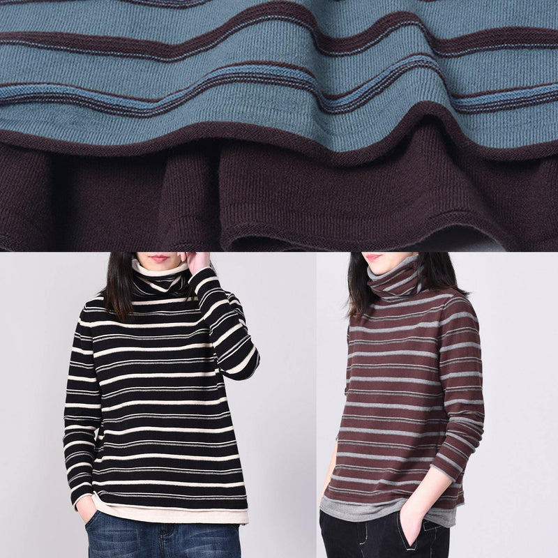 Khaki Striped Knitted Tops Oversized High Neck Knit Sweater Long Sleeve