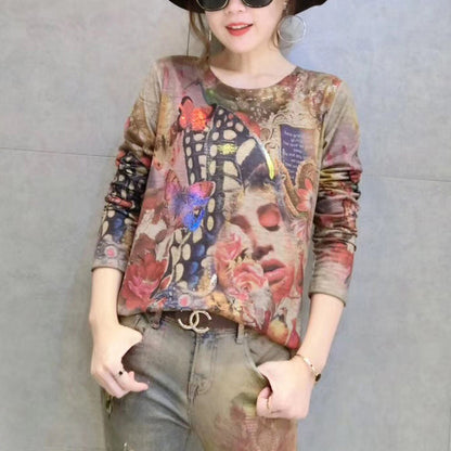 New Gold Prints Cotton Sweater Wild O Neck Elastic Knit Sweater