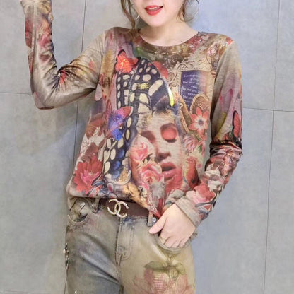 New Gold Prints Cotton Sweater Wild O Neck Elastic Knit Sweater