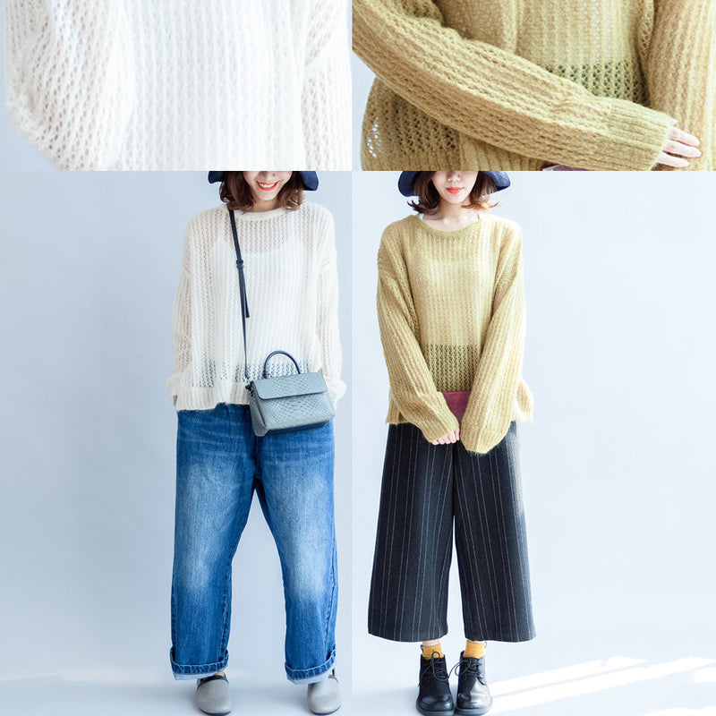 Yellow Green Cotton Sweater Oversize Side Open Cable Knit Hollow Out Sweaters