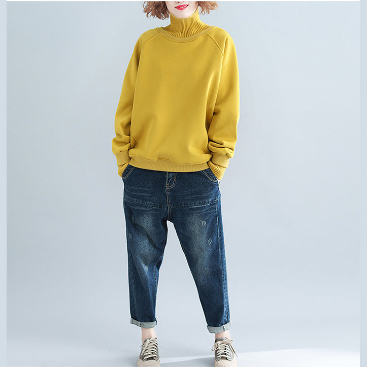 Yellow Stylish False Two Pieces Sweaters Knit Sweat Tops High Neck Blouse